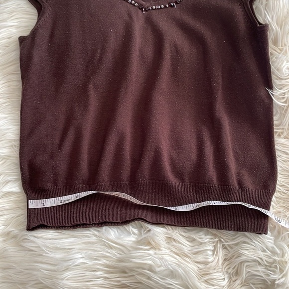 RQT brown beige white shirt sleeve v neck beaded bedazzled blouse top shirts M - Picture 8 of 16